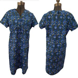 Vintage Tunic Tie Front Shift Day Dress 1970s Blue Green 70s Floral Bohemian